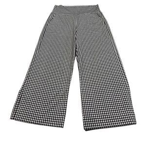 CABI Houndstooth Pull On Cropped Pants M Flare Wide Leg Black White Ponte Knit